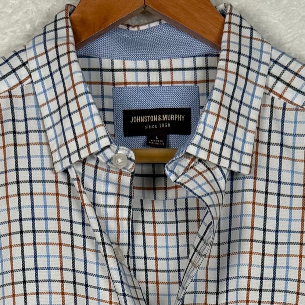 Johnston & Murphy Button Down Mens L White Blue Orange Tattersall Plaid Cotton